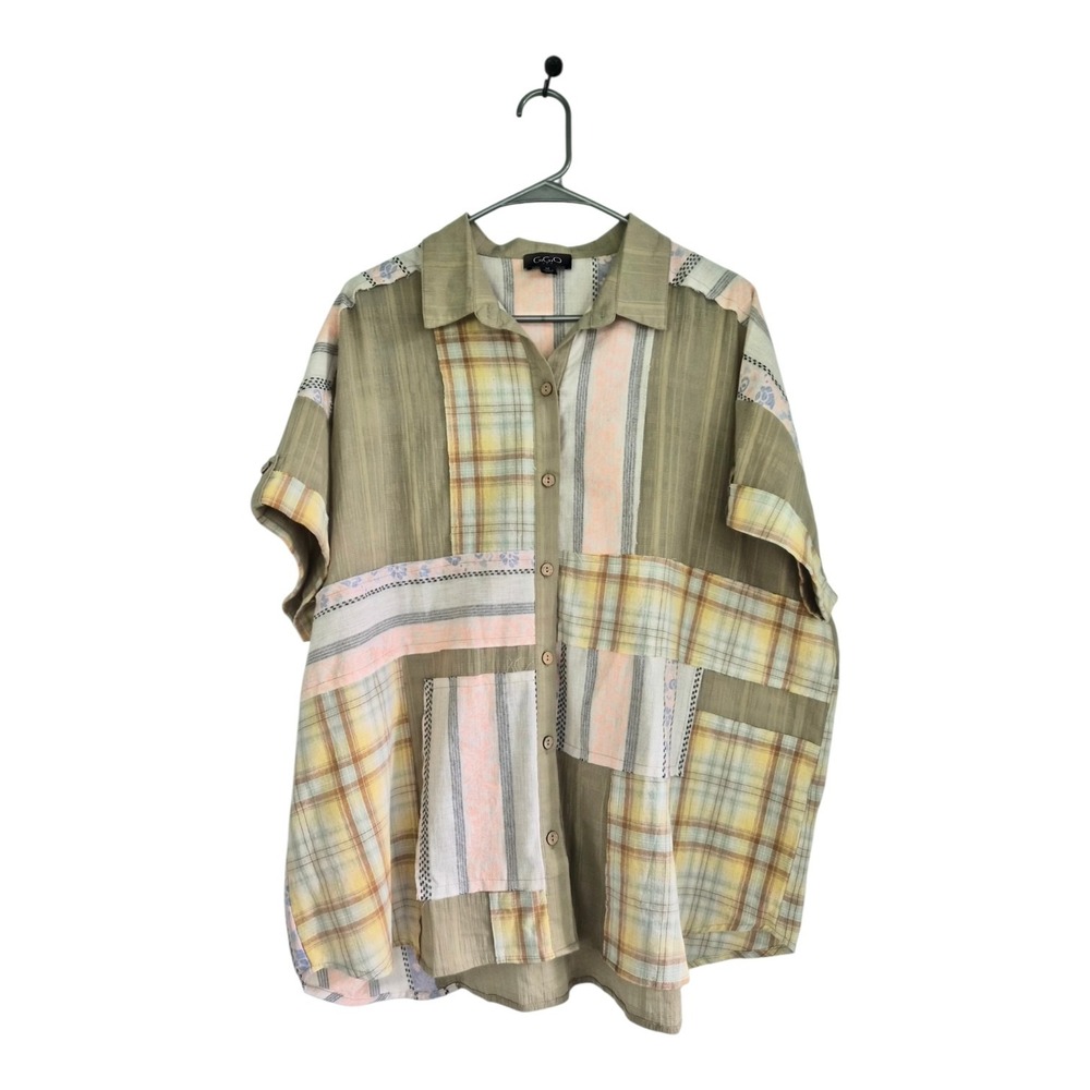 GiGiO USA Patchwork Tunic Shirt M Oversized Lagenlook Boho Cotton Artsy Plaid